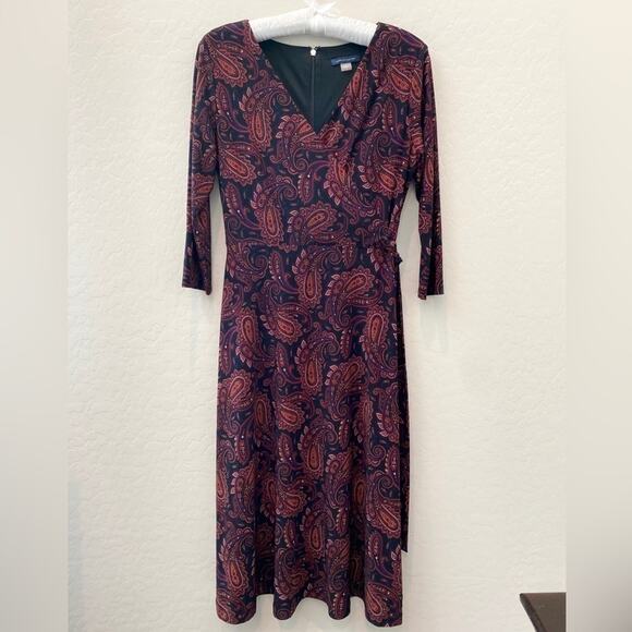 TOMMY HILFIGER | Burgundy Paisley Midi Dress 3/4 Sleeve Wrap Style | Size 6 - Picture 1 of 7